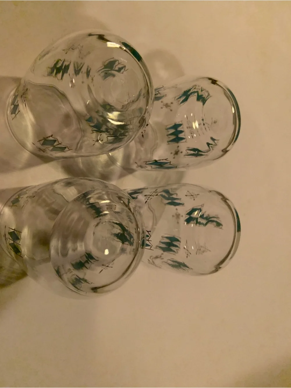 Vintage Mid-Century Modern Atomic Teal & Black Geometric Juice Glasses Set Of 4